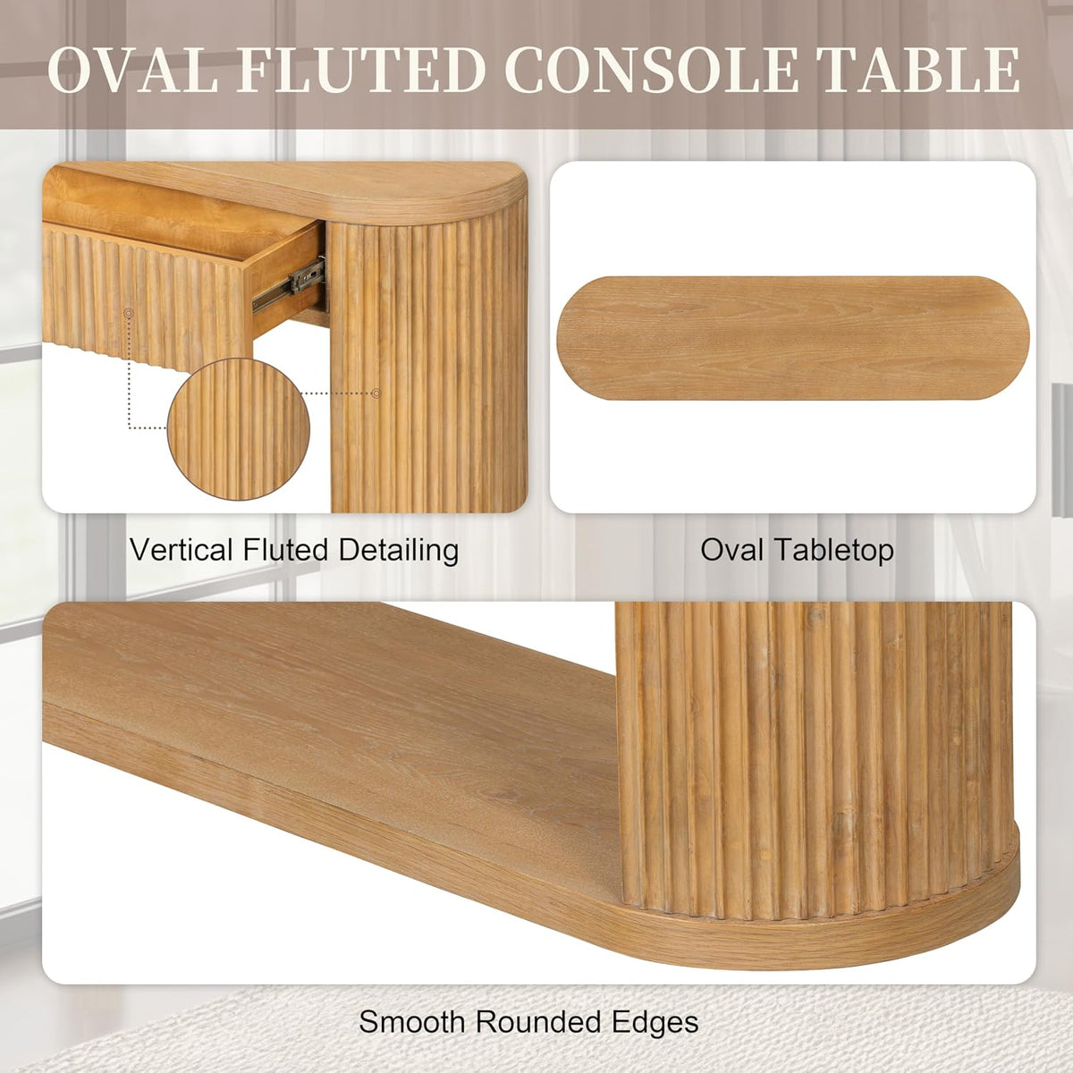Elegant Oval Fluted Entryway Table with 2 Storage Compartments & Open Shelf,Solid Wood Veneer Console Table for Living Room Hallway (Natural1)