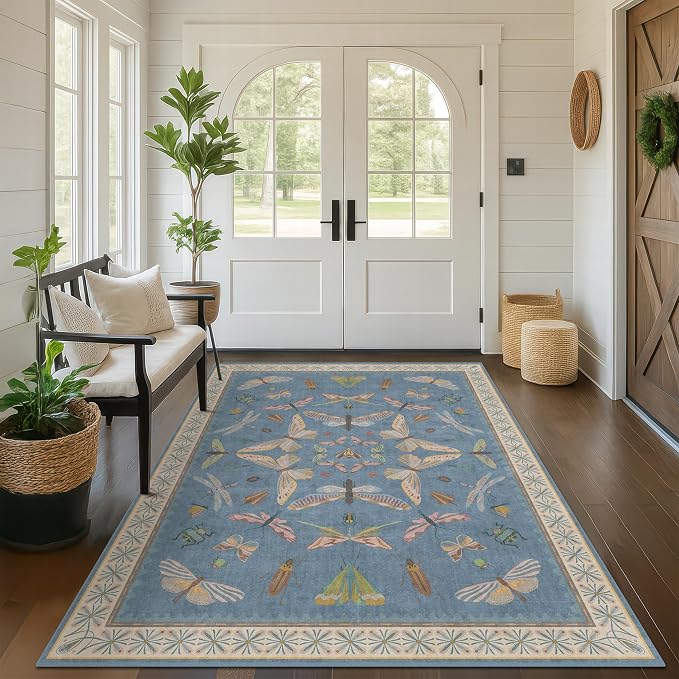 Blue Washable Kids Playroom Rug