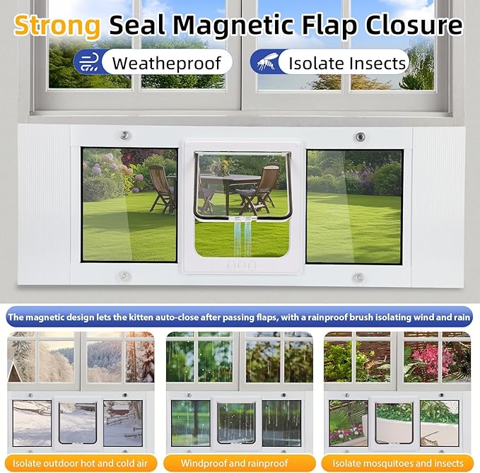 Full Size Cat Door Window Insert, fits 23'‘-28’' Various Sliding Windows, 4 Flexible Locking Modes, High-Definition, high-Transparency cat Door for Windows, Magnetic Reset Design