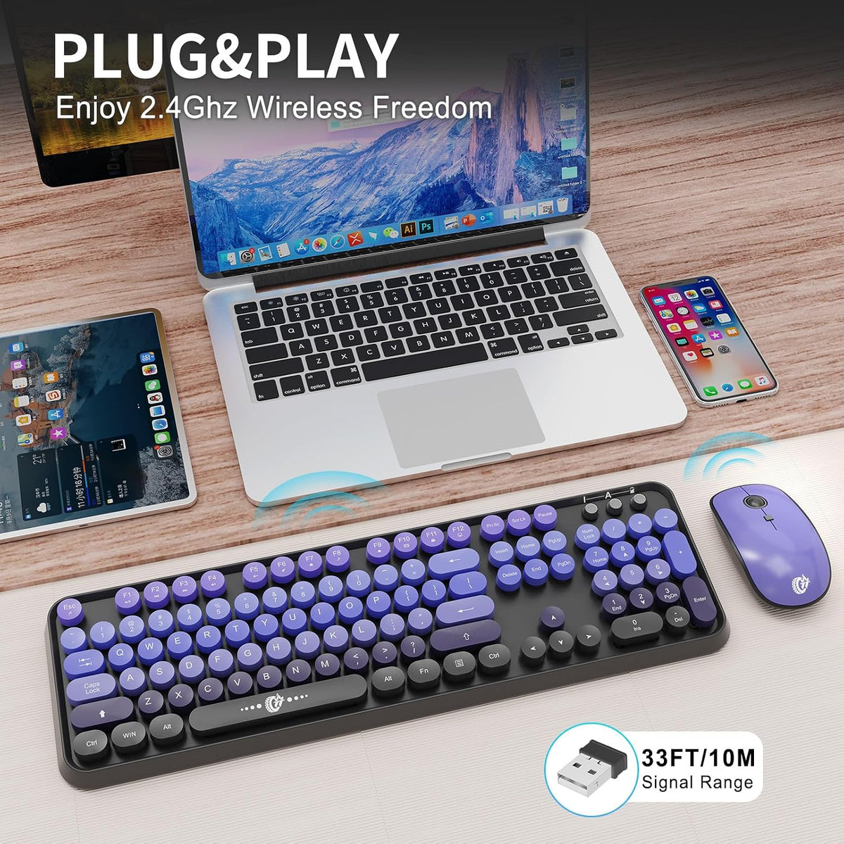 Wireless Keyboard and Mouse Combo, 2.4GHz Retro Typewriter Keyboard with Round Keycaps, Full-Size Creamy Silent Office Set for Desktop Laptop PC Computer (102 Keys Purple Black)