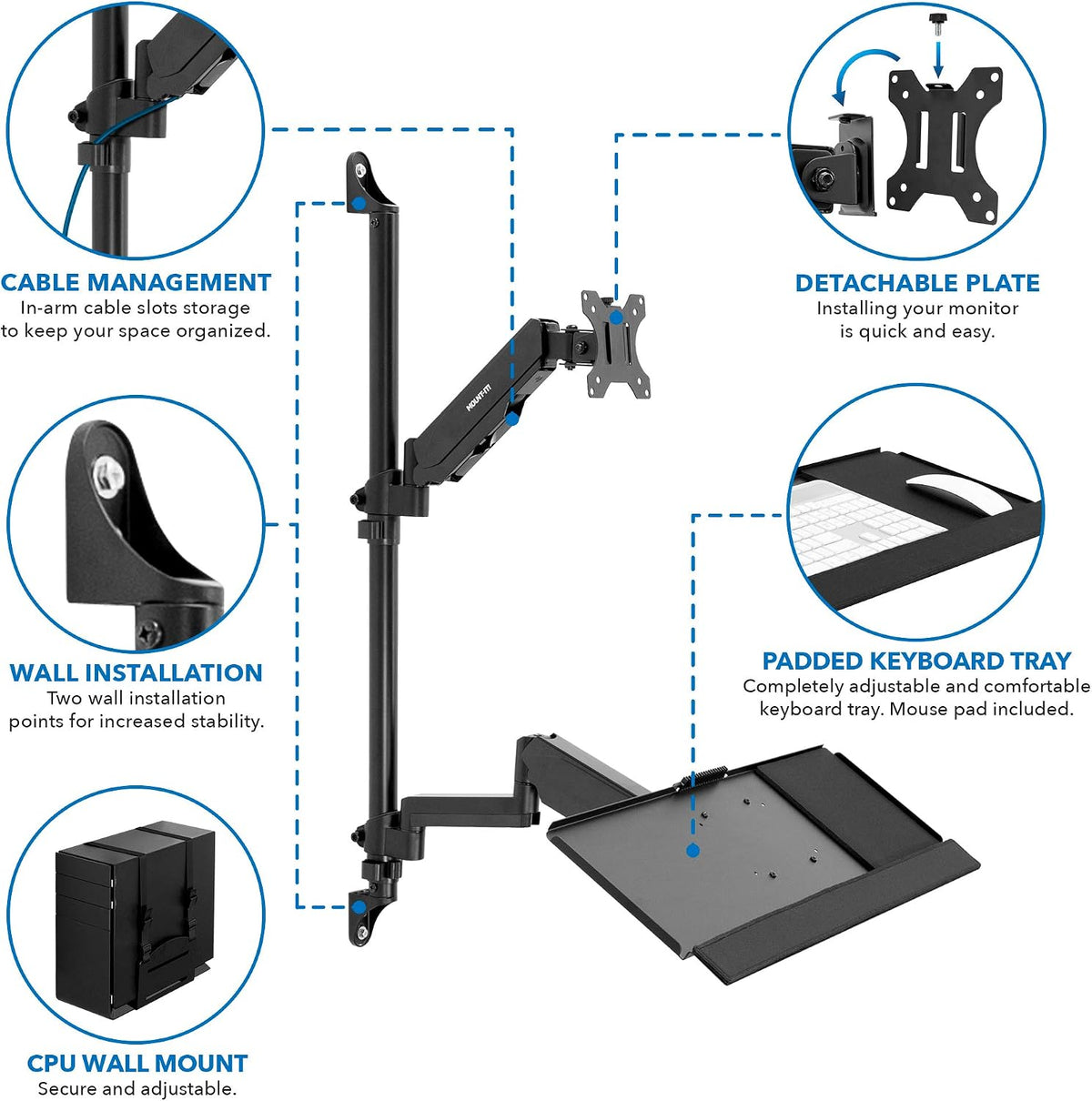 Mount-It! Single Monitor Arm Wall Mount Workstation with Keyboard Tray & CPU Holder, Height Adjustable Gas Spring Full Motion Computer Station, Fits 17–32” VESA 75x75 100x100, Black