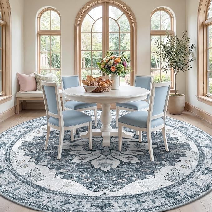 RELEANY Area Rugs Round 8ft Washable Non-Slip, Floral Vintage Distress