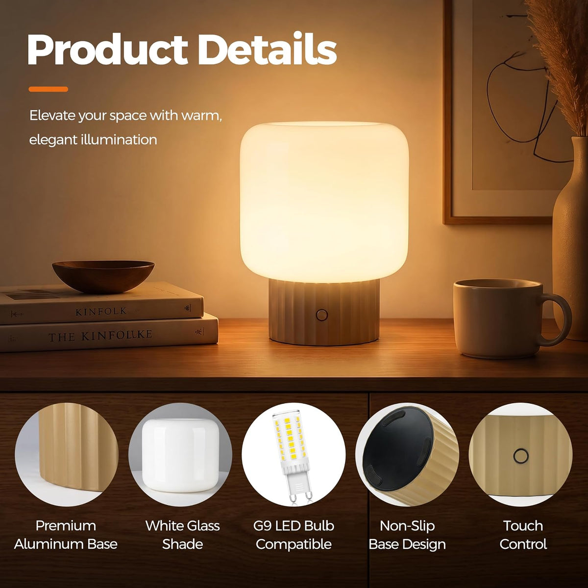 VOLISUN Mushroom Lamp, Cordless Rechargeable Table Lamp with Glass Shade, 3 Color Temperatures & Stepless Dimming, 5200mAh, Touch Control Bedside Lamps for Living Room, Bedroom, 1 Pack (Brown)