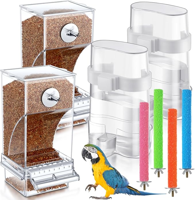 Yaomiao 8 Pcs No Mess Small Bird Feeders with 4 Pcs Cage Perch Automatic Drinker Parakeet Seed Dispenser Quail Feeder and Watered Cage Accessories for Small Birds Parrot Cockatoo Canary(Clear)