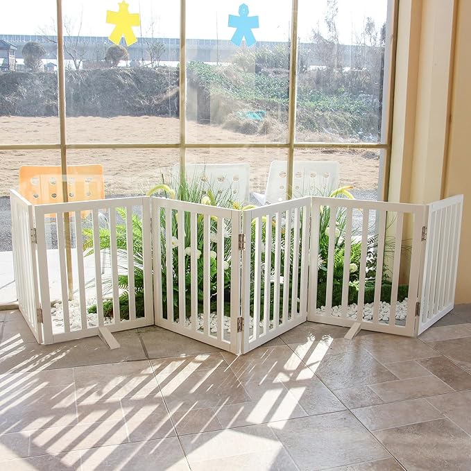 ZJSF Freestanding Indoor Dog Gate for House Foldable Wood White Puppy Gate for Doorways Pet Gate for Stairs Extra Wide Pet Fence 24" Height 6 Panels