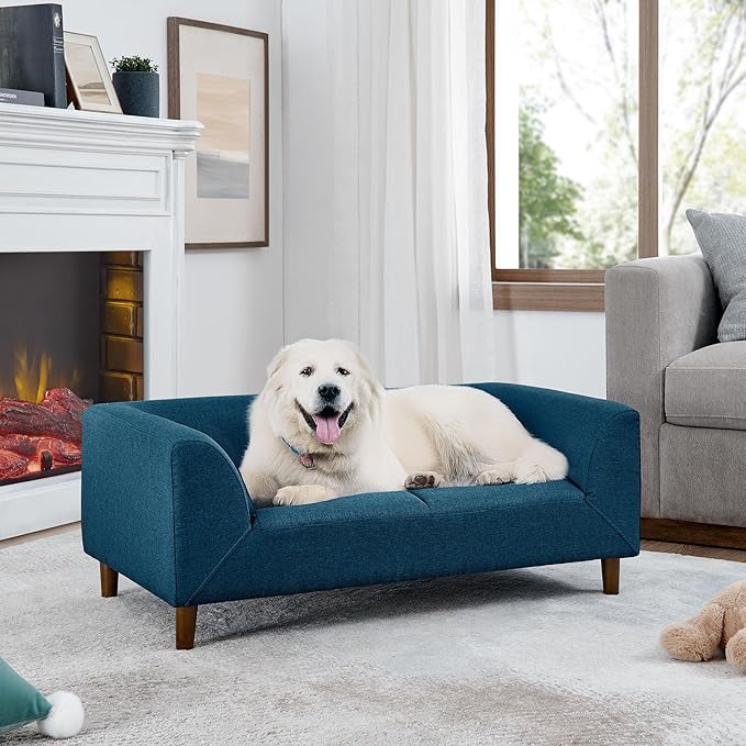Elevated Dog Couch Bed for Medium Large Dogs, Modern Pet Sofa with Backrest & Armrest, Durable Dog Bed Sofa with Soft Cushion, Solid Wood Legs (Blue)