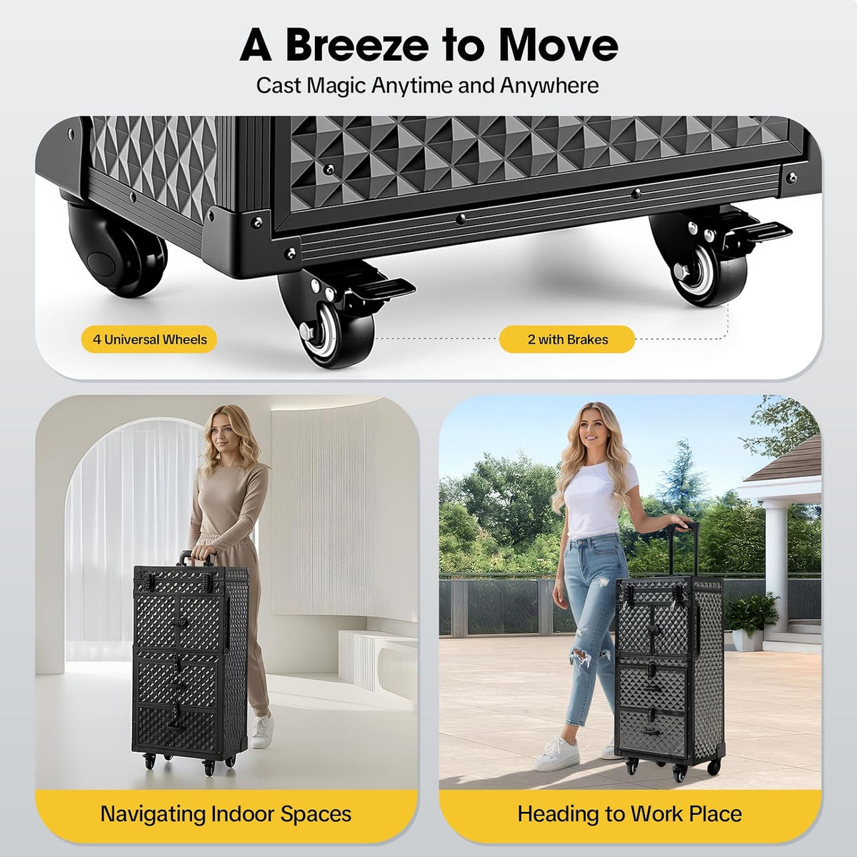 Rolling Makeup Train Case with Dual Password Locks, Aluminum Cosmetic Trolley Organizer with Wheels & Drawers, Professional Hair Stylist Barber Case for Salon Travel