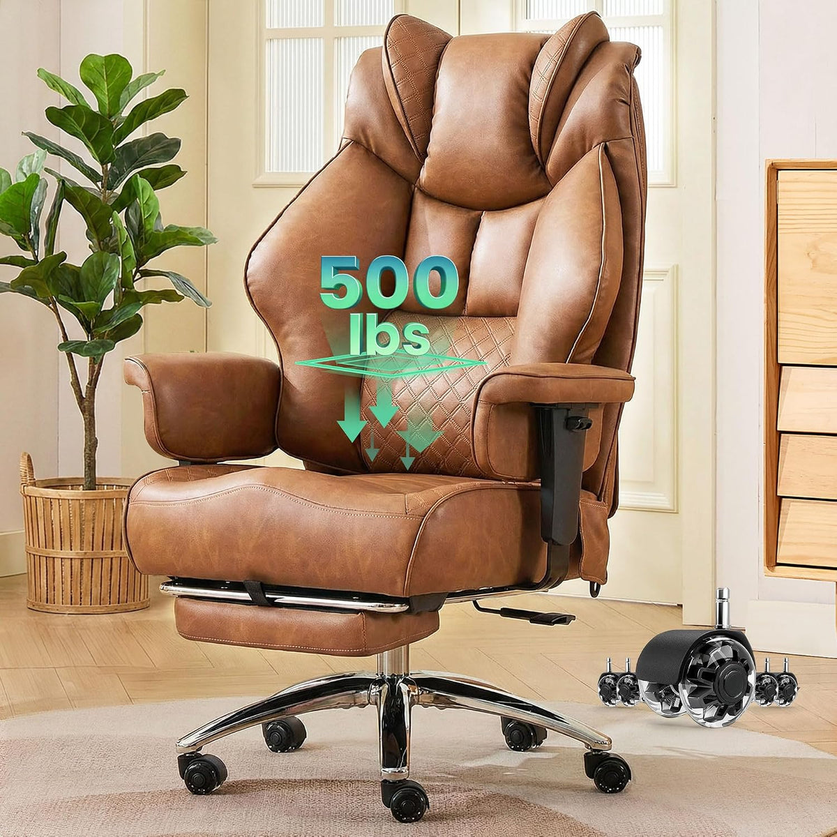 CIOMAN 500lbs Big and Tall Office Chair Adjustable Lumbar Support, Extra Wide Seat Ergonomic Gaming Chair with Footrest, Heavy Duty High Back Executive Leather Computer Desk Chair, Brown