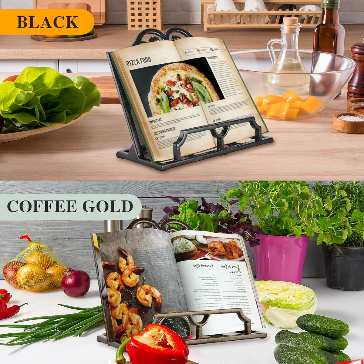 JOGREFUL Cast Iron Cookbook Stand, Kitchen Recipe Holder Scrollwork Black