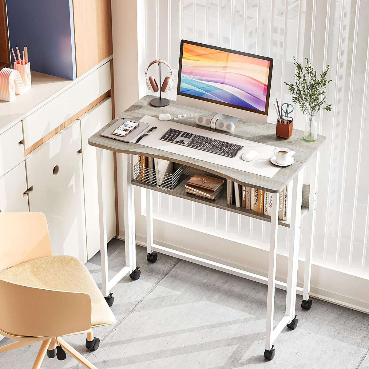 VINGLI 31.5 Inch Folding Computer Table, Small Rolling Desk with Storage Shelf, Space-Saving Sofa Table for Couch, Portable Writing Workstation Office Computer Desk, Grey
