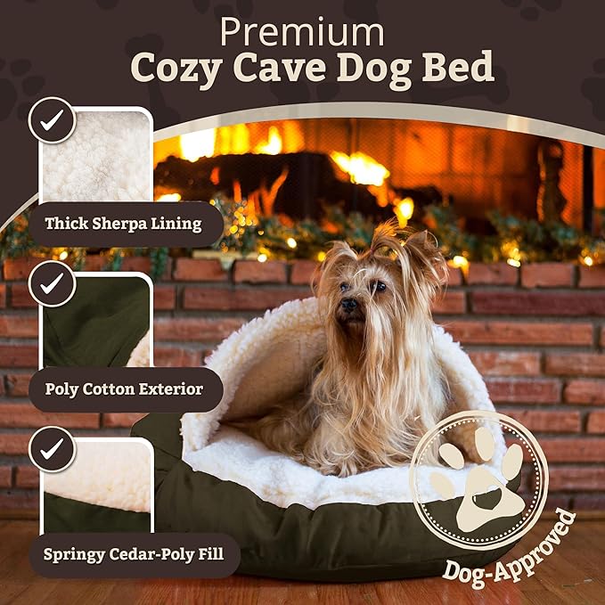 Snoozer Cozy Cave Dog Bed - Indoor Dog Bed with Cover Cave, Covered Calming Burrow for Small & Medium Sized Pets with Blanket Attached, Enclosed, Removable Washable Cover - Large, Olive