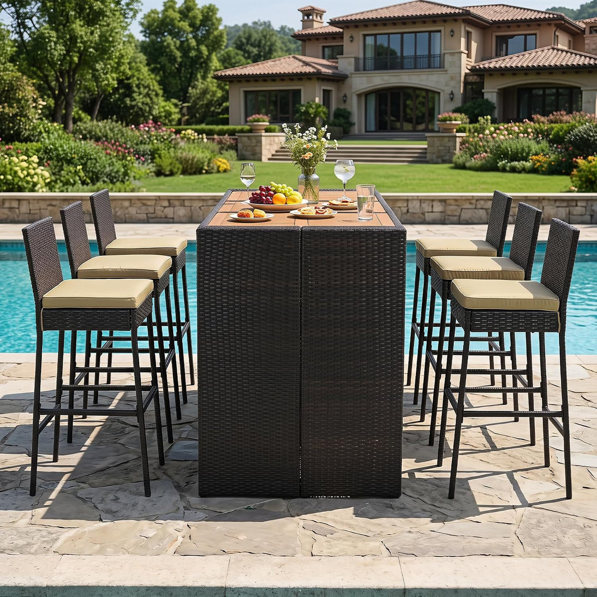 RELAX4LIFE 5-Piece Outdoor Bar Set - Wicker Rattan Bar Height Dining Table w/Acacia Wood Top 4 Bar Stools Chairs Seat Cushions Backrest Footrest Outside Patio Bistro Set for Backyard (Brown, 7-Piece)