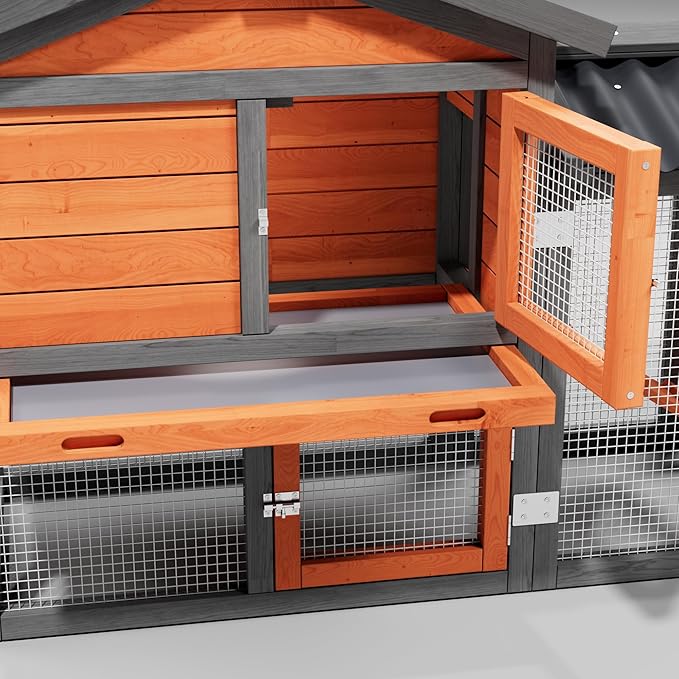 Chicken Coop, Chicken Run,Small Wooden Duck Coop Outdoor 2-Tier Hen House All Weather Used Poultry Quail Cage Rabbit Pet Hutch House with Ramp for Small Animals Outside (Brown with Black)