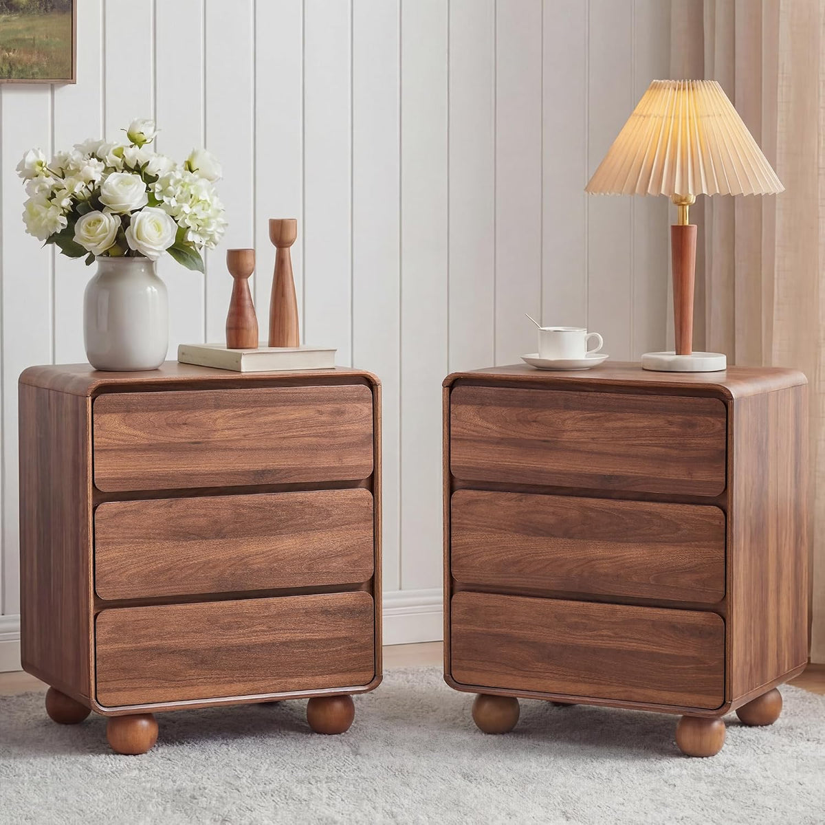 AVZEAR Modern 3 Drawer Dresser for Bedroom, Wooden Dresser Chest of Drawers, Handle Free & Curved Profile Design, Mid Century 3 Drawer Nightstand for Living Room, Walnut