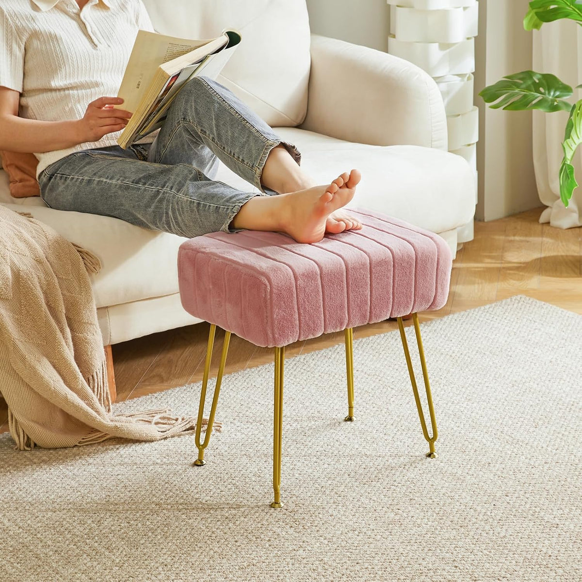 IBUYKE Makeup Vanity Stool, Velvet Rectangular Footrest, Pink LG-51P
