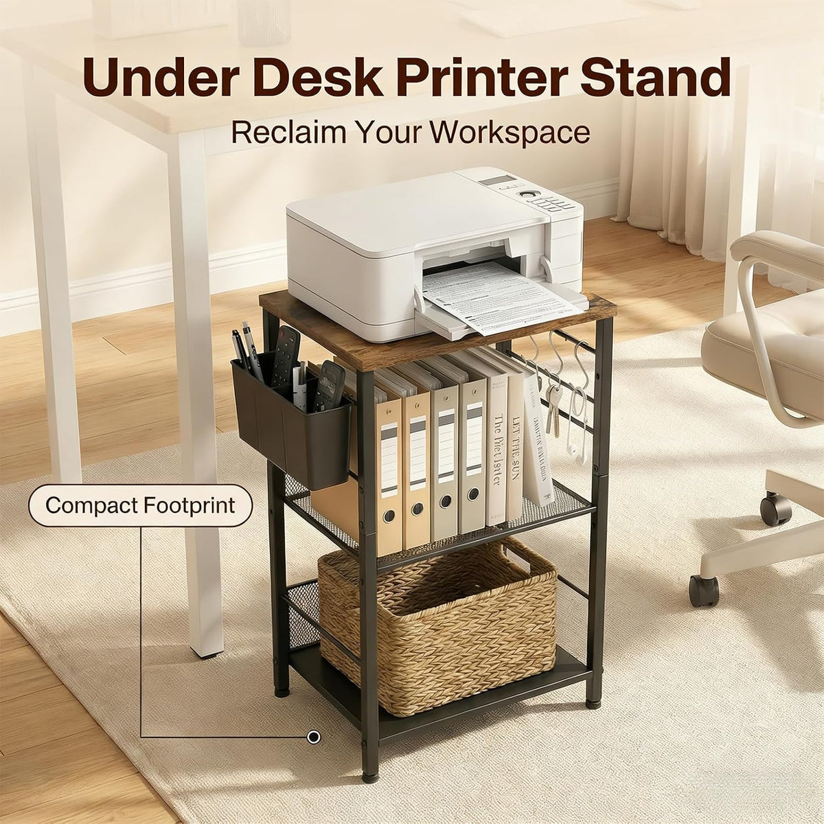 ECOLOVI Small 3 Tier Printer Stand for Under Desk, Height Adjustable Shelf Printer Table with 3 S-Hooks & Basket, Heavy Duty Industrial Storage Shelf for Home Office (Rustic Brown)