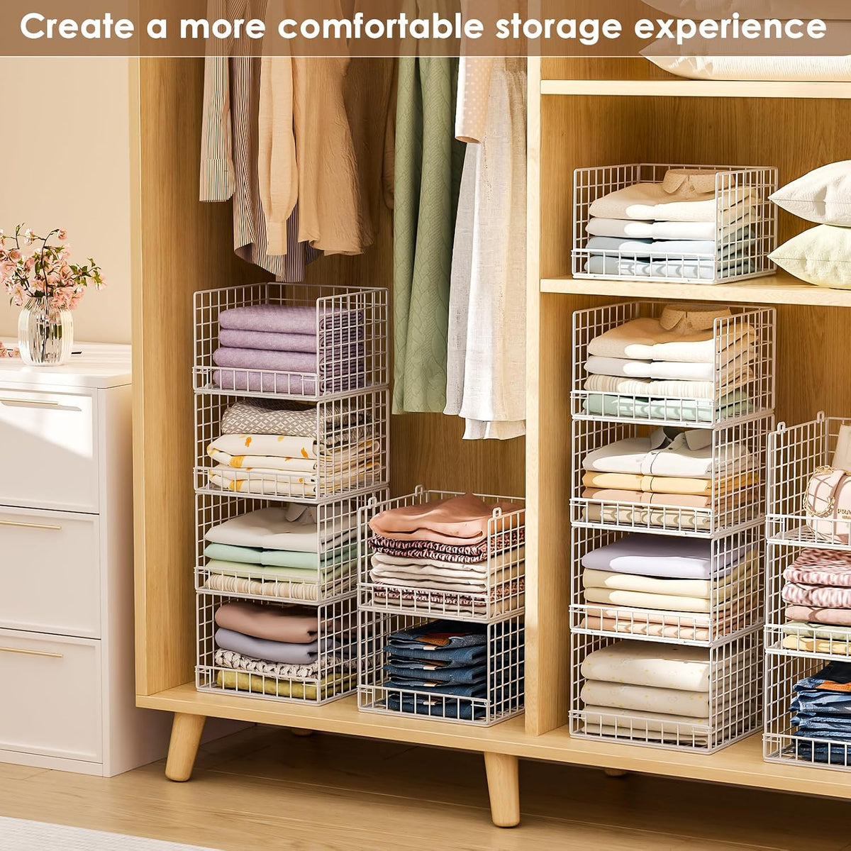 4-Tier Stackable Closet Organizers and Storage Baskets, Closet Shelf Organizer, Space-Saving Clothes Storage Drawer, Foldable Clothes Storage Bins for Closet Organizer System, White(Patent 30022416)