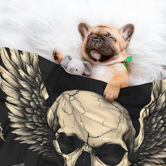 Waterproof Dog Blanket Soft Pet Blanket for Puppy Cat, Fleece Cat Throw Blankets for Furniture Bed Couch Sofa Reversible - Gothic Winged Skull