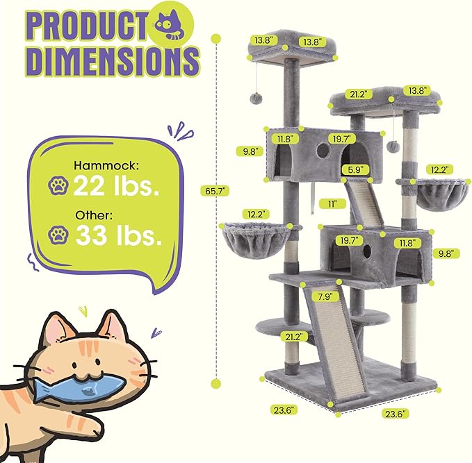 WEEWAY Cat Tree Tower for Indoor Cats,65'' Multi-Level Cat Furniture Activity Center,Stand House Condo Cave,Sisal Scratching Posts Ramps,Plush Perches Platforms Basket Hammock,Grey