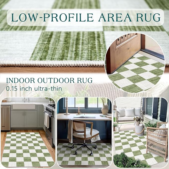 Green White Checkered Entry Rug