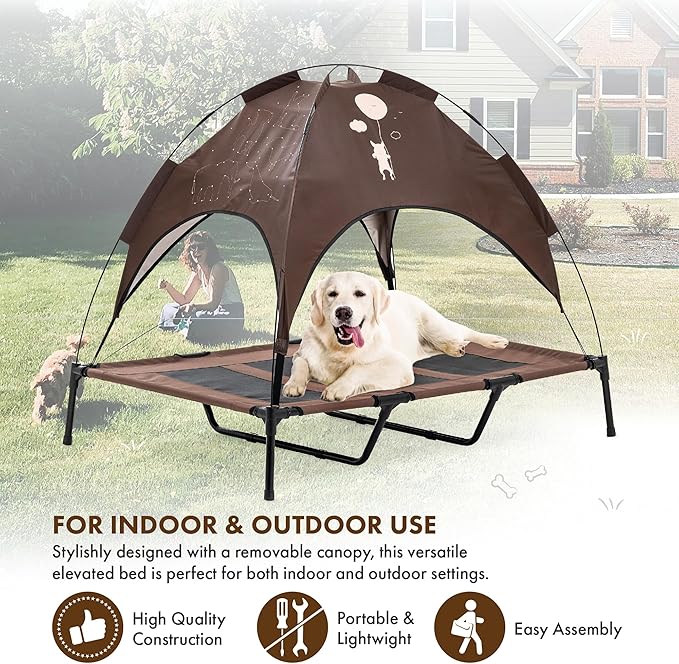 GrandTies Cooling Elevated Dog Bed with Canopy – XL Portable Pet Cot for Outdoor & Indoor Use – Waterproof Removable Shade, Breathable Mesh, Slip-Resistant Feet, Easy Assembly – Coca Mocha