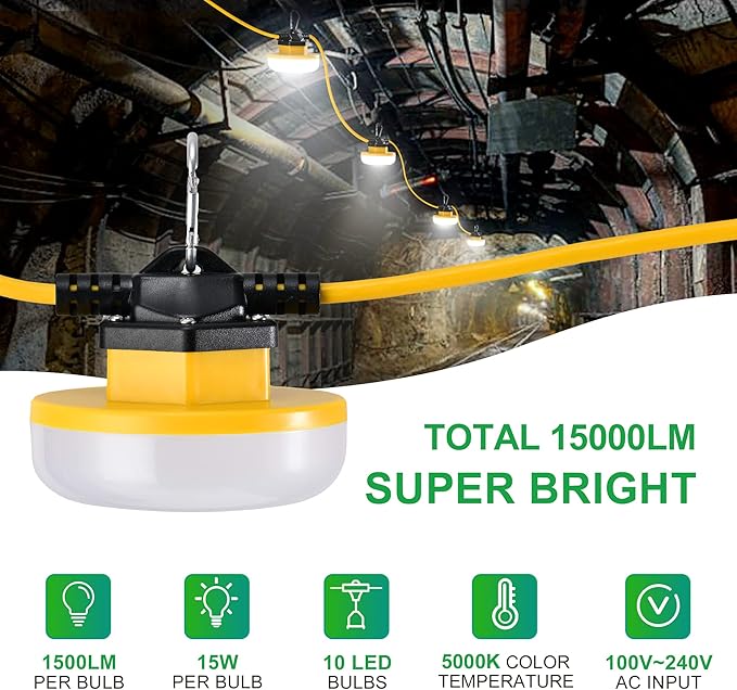 LEDIARY 100FT LED Construction String Lights, 150W 15000LM String Work Light, Linkable Jobsite Lights, Weatherproof Temporary Lighting Indoor&Outdoor, ETL Listed