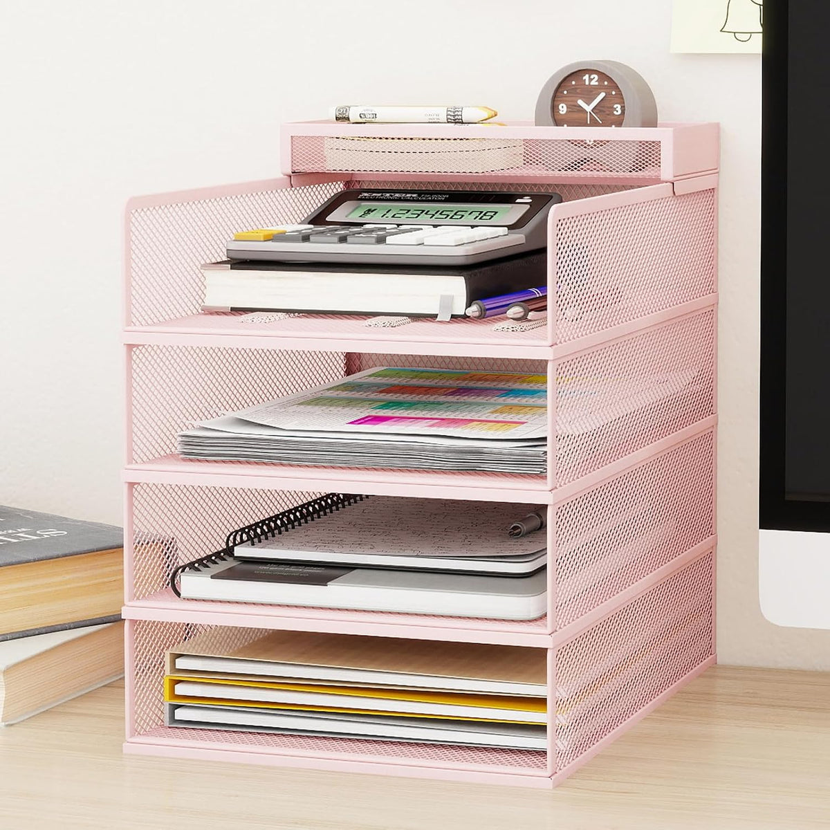 Natwind 4-Tier Stackable Metal Mesh Letter Paper Tray Organizer,Pink