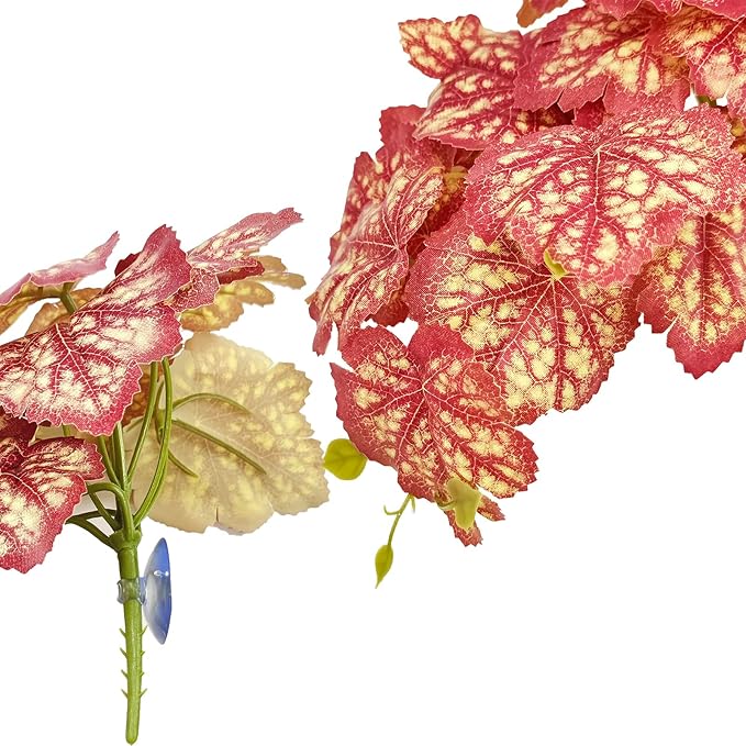 Woyrise Reptile Plants, Terrarium Hanging Plants Vines for Reptile Tank, Amphibian Habitat Leaves Decor with Suction Cup for Bearded Dragon Lizard Snake Gecko Frog Hermit Crab - 2Pcs Pink Heuchera