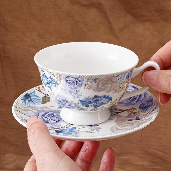 fanquare 6 oz Blue Rose and Hydrangea Porcelain Tea Cup and Saucer Set |