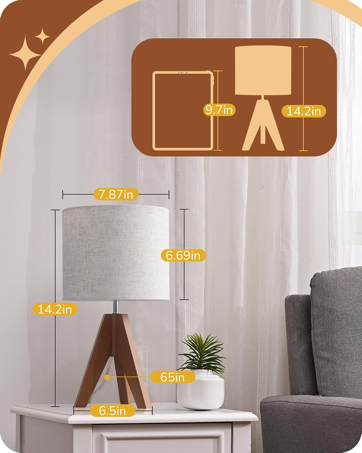 EDISHINE Small Table Lamp, Wooden Tripod Nightstand Lamp, 14.2", 2 Pack