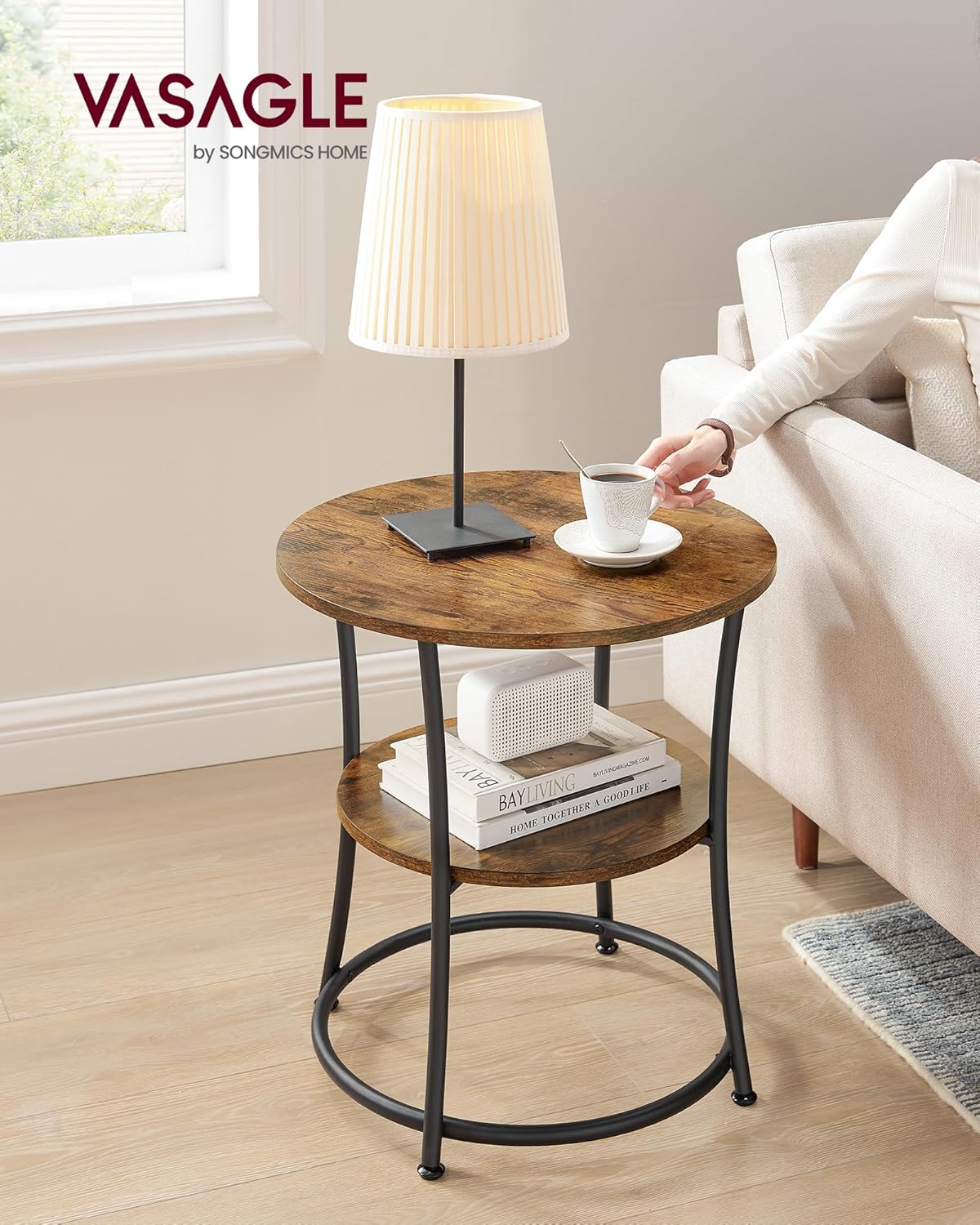 VASAGLE Side Table, 2-Tier Round End Table with 2 Storage Shelves