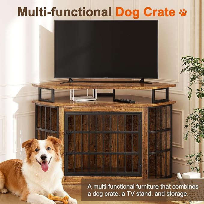 Corner Dog Crate Furniture with 2-Tier Shelves，51" Large Dog Kennel with Storage Indoor Wooden TV Stand, Modern Dog Cage Decorative Pet House, Rustic Brown