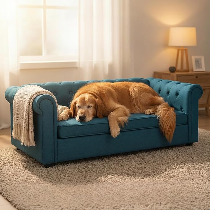 Elevated XL Large Dog Sofa with Backrest and Armrests, 55" Button Tufted Dog Couch Bed with Soft Cushion for Large Dogs, Stylish Lounging Bed Pet Couch Chair, 120Lbs Weight Capacity, Dark Blue