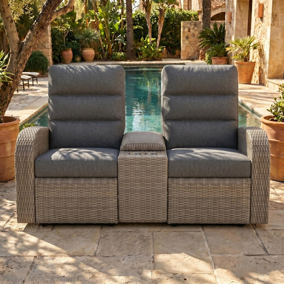 LayinSun Oversized Wicker Outdoor Recliner Lovseat with Adjustable Backrest & Footrest, Patio Reclining Lounge