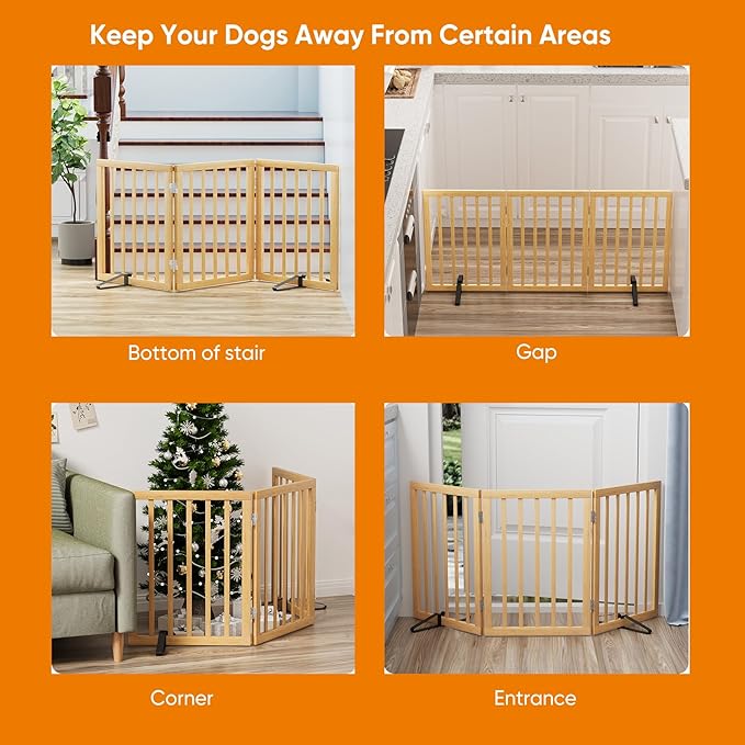 Dog Gates for Doorways Stairs, Foldable Freestanding Pet Gate, Dog Fences Indoor, Bamboo Dog Gates (Natural, 18-55" Wide)