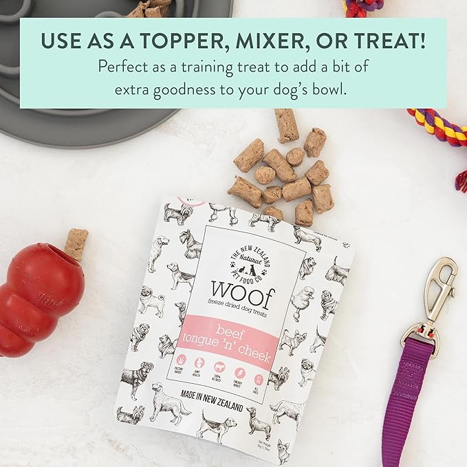 The New Zealand Natural Pet Food Co. WOOF Freeze Dried Dog Treats – Beef Tongue ’n’ Cheek, High Protein, Collagen Rich, Topper or Treat – 1.76 oz