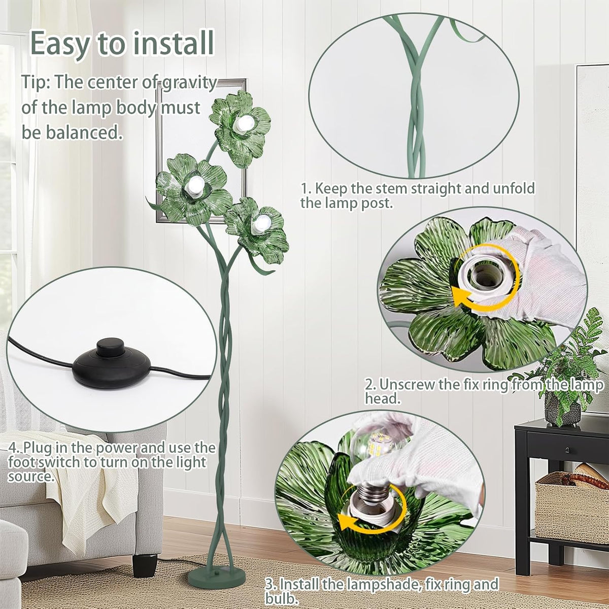NewAoNaSen Vintage 3 Heads Flower Floor Lamp, Cute Floor Reading Light