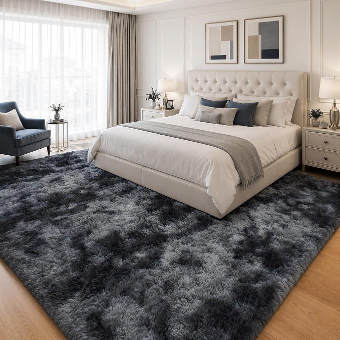 Area Rug for Living Room Bedroom: 9x12 Black Grey Soft Fluffy Shag Upgrade
