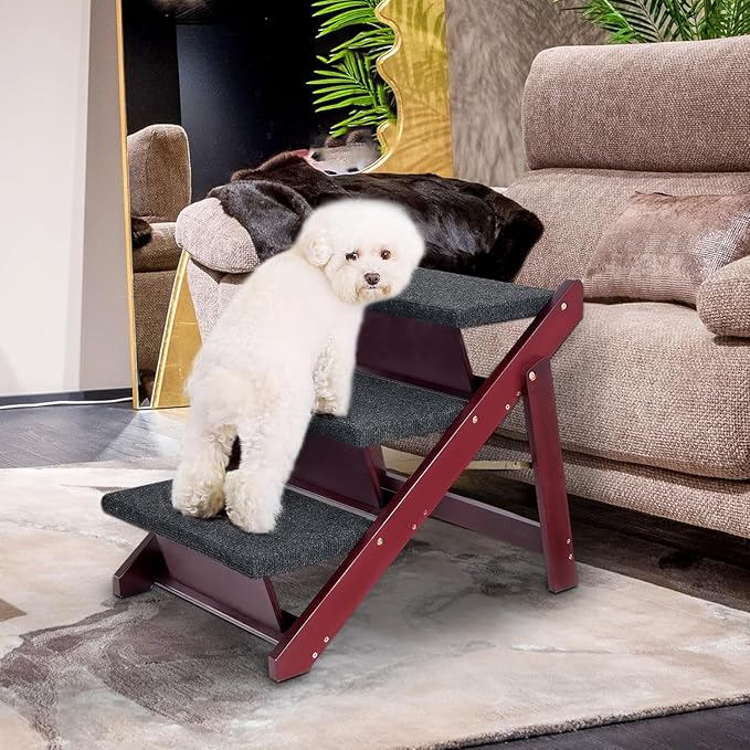 BRIKY Wooden Dog Stairs/Steps 19.5”H - Foldable 3 Steps Dog Steps for High Bed Couch Cars, Non-Slip Pet Stairs for Small Large Medium Dogs and Cats, No Assembly Required