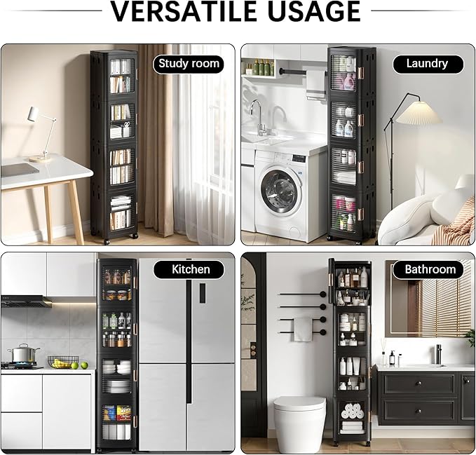 VECELO 4-Tier Tall Narrow Storage Cabinet with Movable Wheels, Adjustable Shelves, Anti-Tip, Slim, for Small Space, Bathroom, Kitchen, Laundry, Black