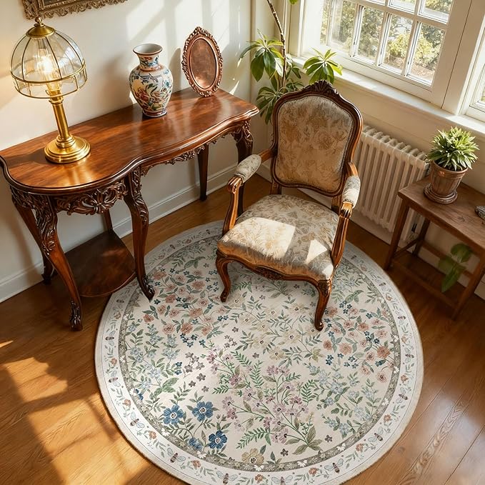 Washable Round Rugs for Bedroom 4ft: Living Room Rug Stain Resistant Non Slip