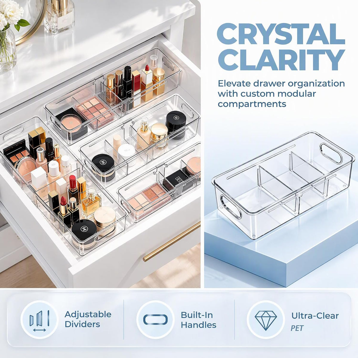 BLULEE 4-in-1 Expandable Drawer Organizer Set, Adjustable Clear Bins (4 Pack)