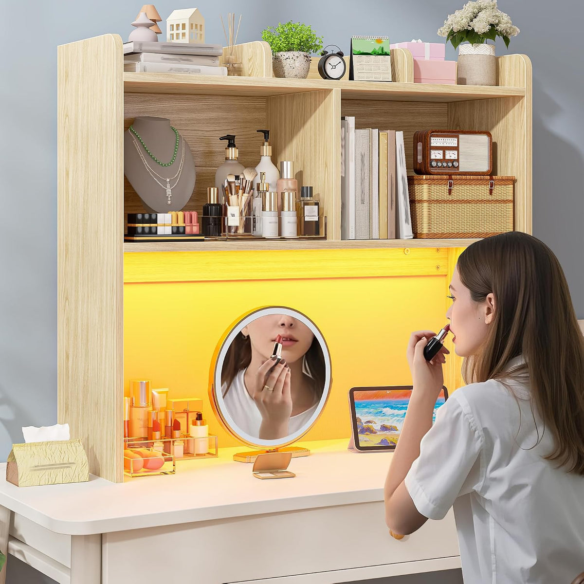 REIBII 3 Tier Desk Hutch, 6 Shelves to Storage, LED Desktop Shelf