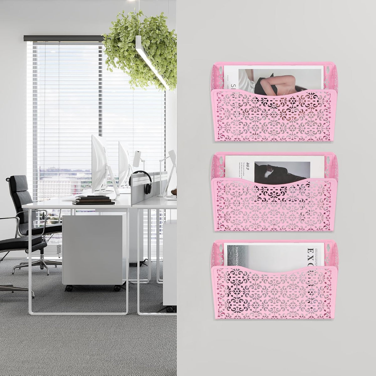 EasyPAG 3 Single Wall Mount File Organizer Vertical Metal Wall Pocket File Holder for Office, Home, School, Pink