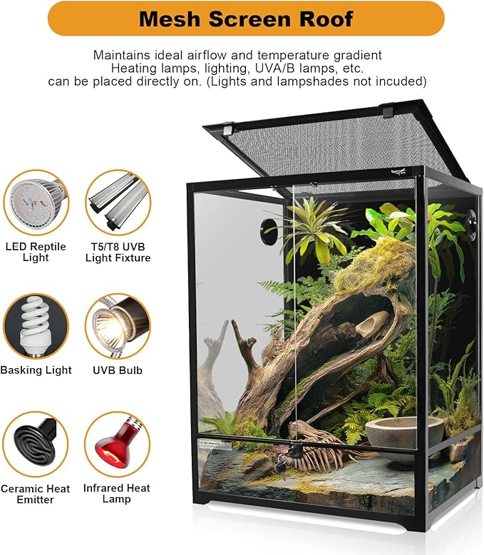 Glass Reptile Terrarium 24" x 18" x 24"FrontOpening Chameleon Cage ull View Glass Terrarium Tank with Double Hinge Door for Reptiles Amphibians, Bearded Dragon Gecko Lizard Snake