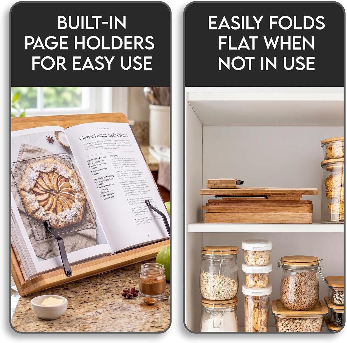 Bamboo Cookbook Stand Large, Adjustable Book Holder Tray and Page Paper Clips - Walnut Color Large - 4-Position Recipe Book Stand Holds Thick Books for Kitchen Counter, Reading, Studying - Foldable