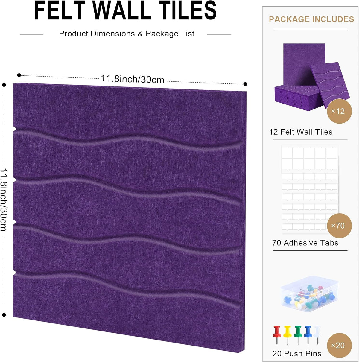 AKONEGE Felt Bulletin Board Tiles 12 Pack, 48" x 36" Cork Board Alternative, DIY Pin Board Wall Tiles for Photo Wall, Vision Board, Dorm Room & Home Office Decor, Stick-On with Adhesive Tabs, Violet