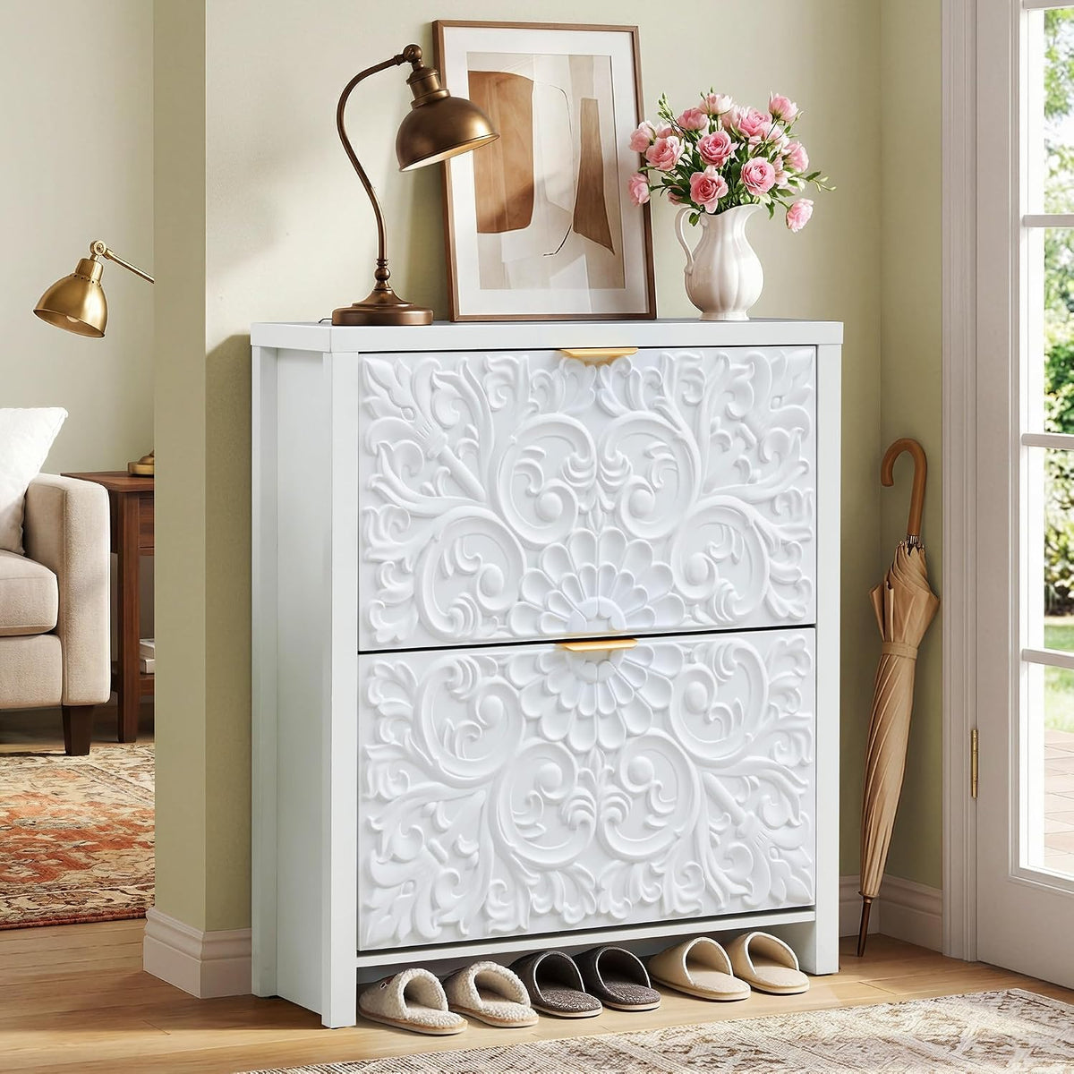 weselon Shoe Cabinet with Flip Drawers, Narrow Shoe Storage Cabinet, 2-Tier Hidden Shoe Organizer with Floral Embossed for Entryway, Mid-Century Modern Slim Shoes Storage for Hallway Foyer (1, White)