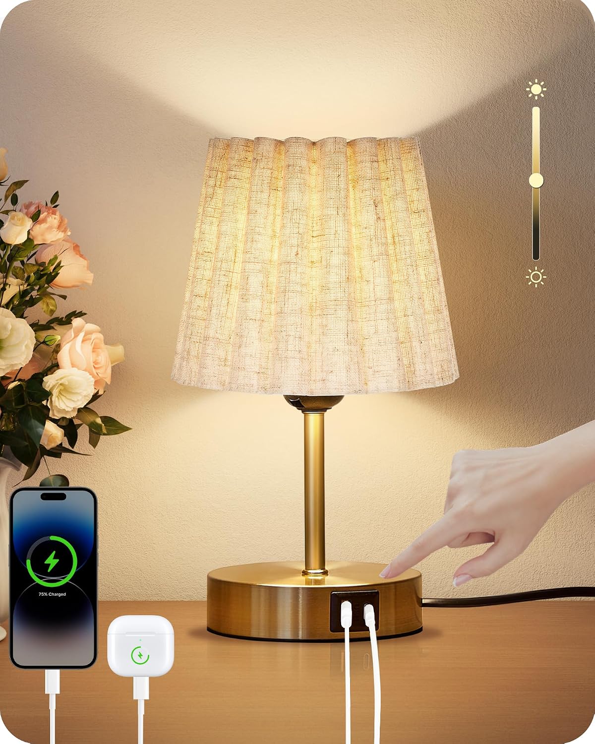Small Bedside Table Lamp, Touch Dimmable Table Lamp with USB Ports, Nightstand Lamp with a Stepless Dimming LED Bulb, E26 Base, for Bedroom, Study, Desk, Gold and Beige DE16TL05
