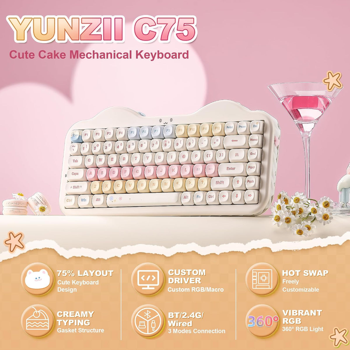 YUNZII C75 Cute 75% Wireless Mechanical Keyboard (Beige, Candy Switch)